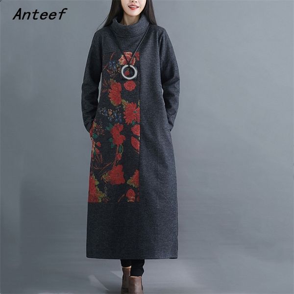 

long sleeve plus size woolen vintage floral for women casual loose autumn winter elegant dress clothes ladies dresses 210517, Black;gray