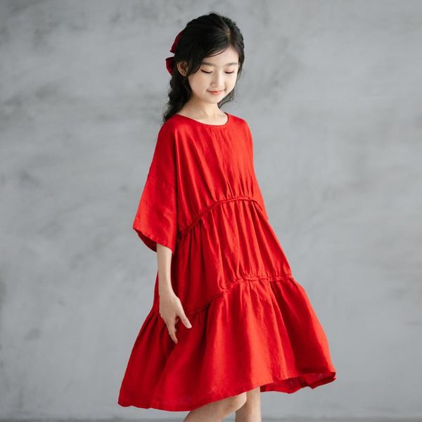 

korean children cotton and linen dress splicing irregular teen kids dresses for girls,#6219 girl's, Red;yellow