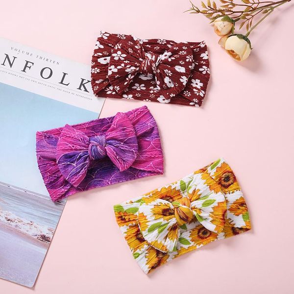 

10pcs/lot, floral prints bows wide nylon baby turban head wraps,ribbed cable knit headbands for kids girls hair accessories, Slivery;white