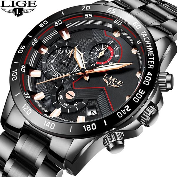 

wristwatches lige mens watches black classic quartz clock stainless steel waterproof luminous watch men sports chronograph relogio masculino, Slivery;brown