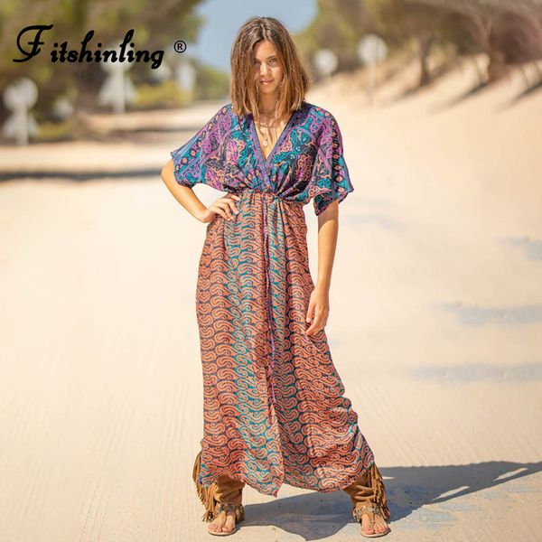 

fitshinling bohemian wrap beach long dress slim summer robe swimwear dstring deep v ne maxi dresses women pareos 2021