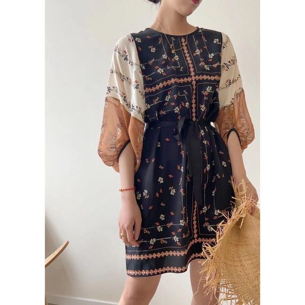 

casual dresses national style color matching silk round neck floral print loose lantern sleeve summer beach dress for women, Black;gray