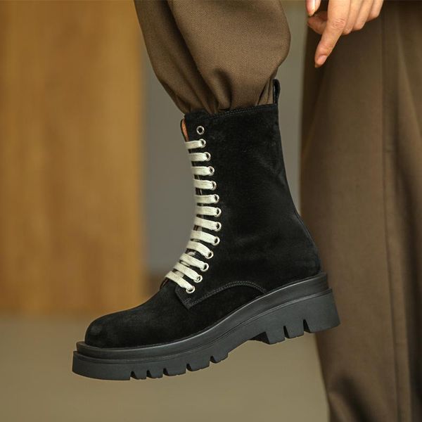 

boots thick bottomed shoes women lace-up autumn winter 2021 suede motorcycle fashion short botas mujer, Black