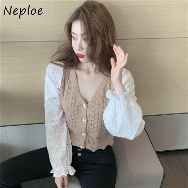 

autumn all-match hollow out shirt loose fashion v-neck knitted patchwork femme blusas chic button women blouse 210422, White