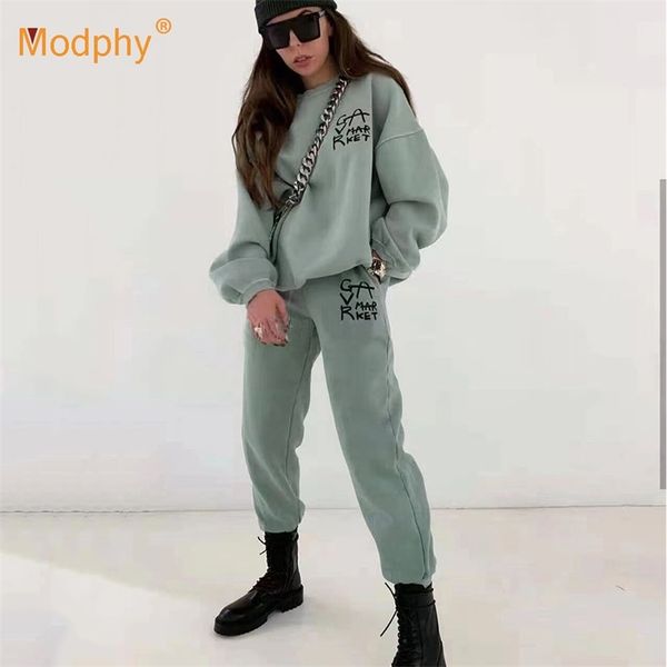 

letter print two piece tracksuit women's set casual sweatshirt high waist pants sports suits female autumn winter lady sets 210527, White