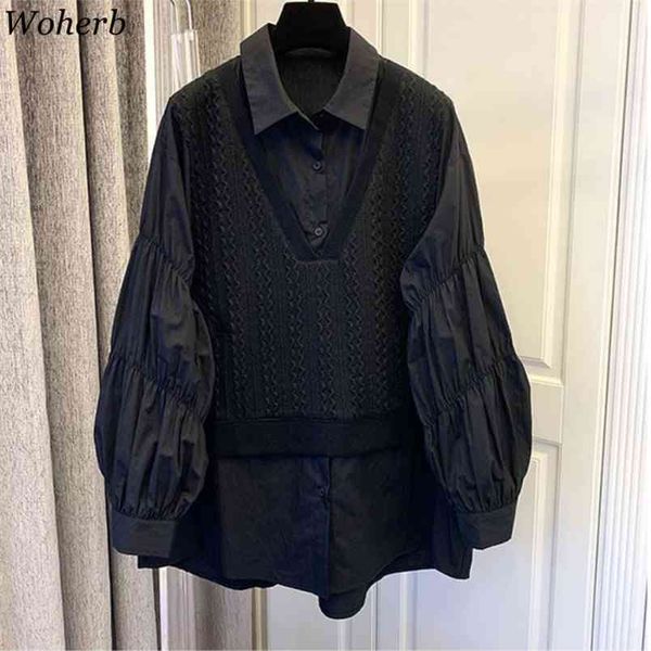 

korean chic knitted vest patchwork fake two pieces blouse puff sleeve solid black jumper sueter mujer 210519, White