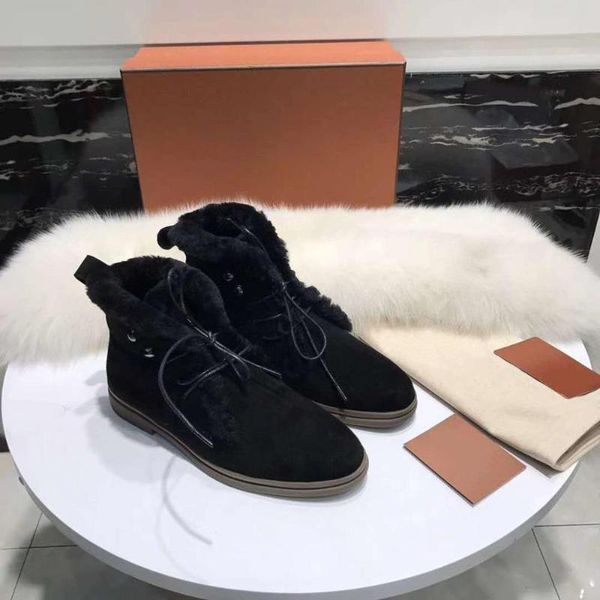 

boots vallu 2021 winter flat-bottomed genuine leather plain all-match fashion style lace-up fur shoes, Black