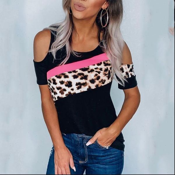 

womens t shirt summer fashion women cold shoulder leopard print patchwork black casual leisure bottoming top, White