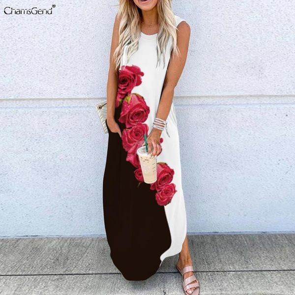 

casual dresses vintage floral print dress women 2021 o-neck holiday long summer woman sleeveless girls beach maxi vestidos, Black;gray