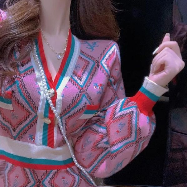 

casual dresses autumn fashion women classic design v-neck long sleeve dress buttons plaid flowers knitted elegant straight midi, Black;gray