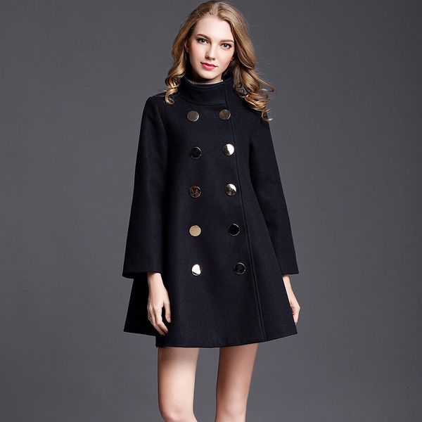 

women's trench coats european female style woolen jacket double winter breasted 63% chic wool stylish cloak d974, Tan;black