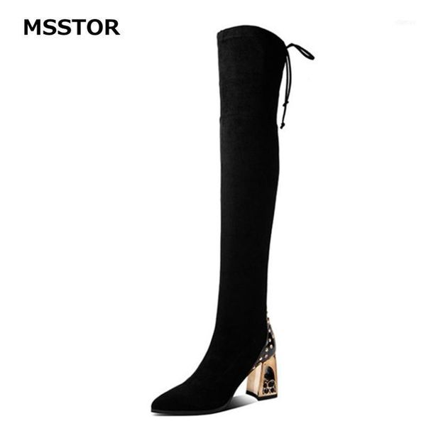 

boots fretwork heels over knee rivet flock black casual fashion high heel women sewing winter shoes sexy11