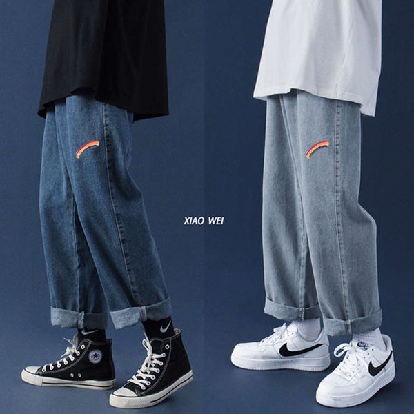 

new men's years jeans loose right pipes daddy broek korean version of the trend rainbow strained pants, Blue