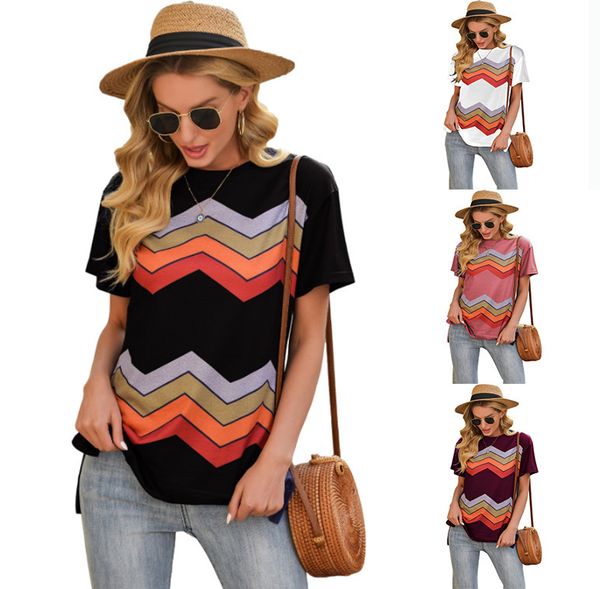 

2021 spring and summer new women's stripe printed round neck short sleeve t-shirt for women, White