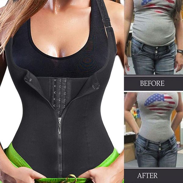

women's shapers women neoprene sauna sweat waist trainer vest with zipper for weight loss gym workout body shaper tank shirt faja shape, Black;white