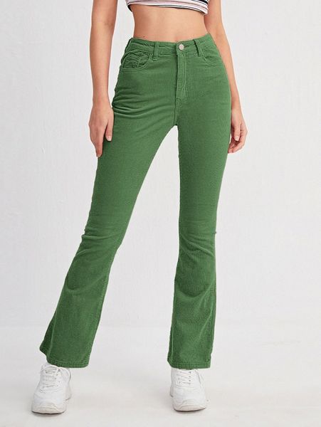 

high waist flare leg corduroy pants without belt n7v0#, Black;white