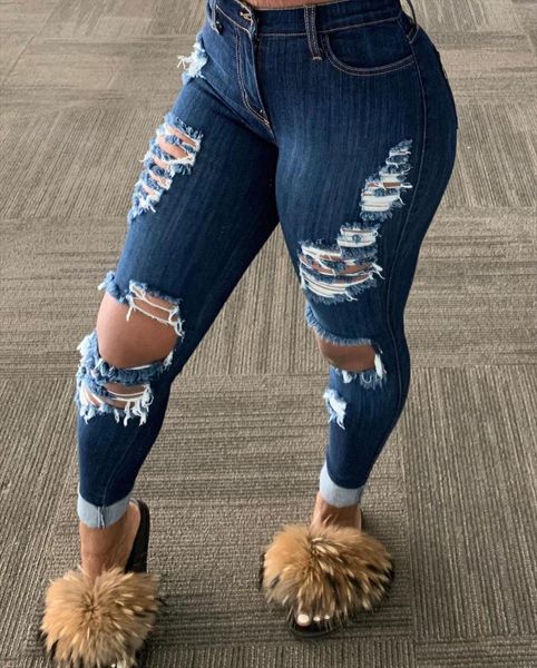 

vintage high waist straight pant women jean tassel hole pencil pants blue streetwear plus size ladies