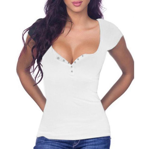 

wholesale-punk tee shirt femme v neck women summer 2021 fashion short sleeve button lady camisetas feminina855, White