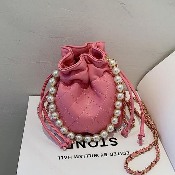 

shoulder bags lattice mini bucket bag pearl tote 2021 summer pu leather women's designer handbag chain messenger purses