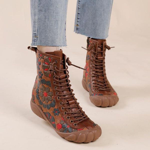 

boots gktinoo vintage mother flat genuine leather ankle boot for women cowhide lace-up winter warm shoes woman platform snow, Black