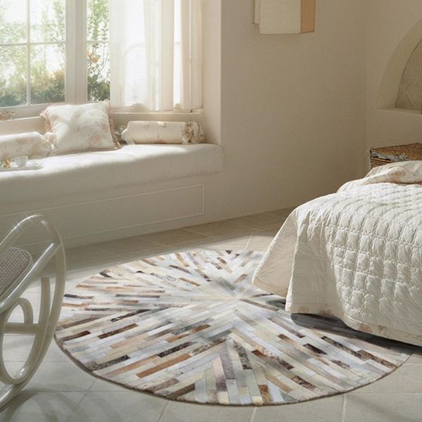 

carpets luxury cowhide seamed striped round rug , shaped real cow skin patchwork carpet for living room bedroom decoration