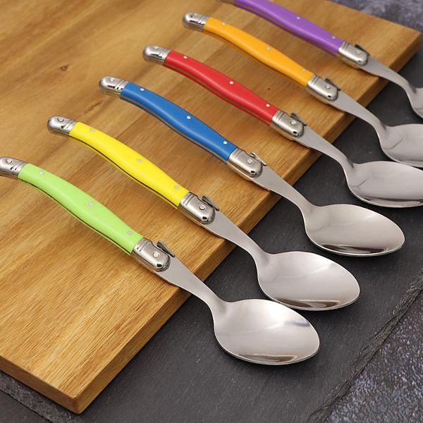 

spoons 6pcs 8.5inch laguiole stainless steel dinner spoon big large tablespoon set rainbow handle soup scoop multi color cutlery cafe