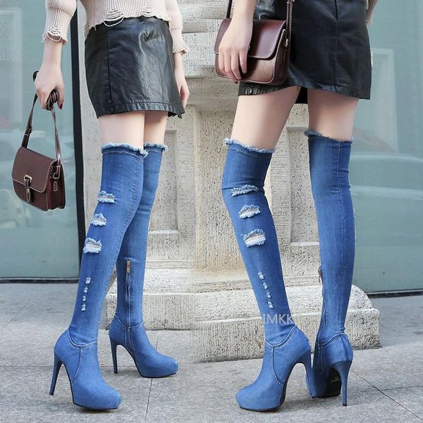

summer fashion women denim boots holes zipper breathable long over the knee jean high heels woman shoes, Black