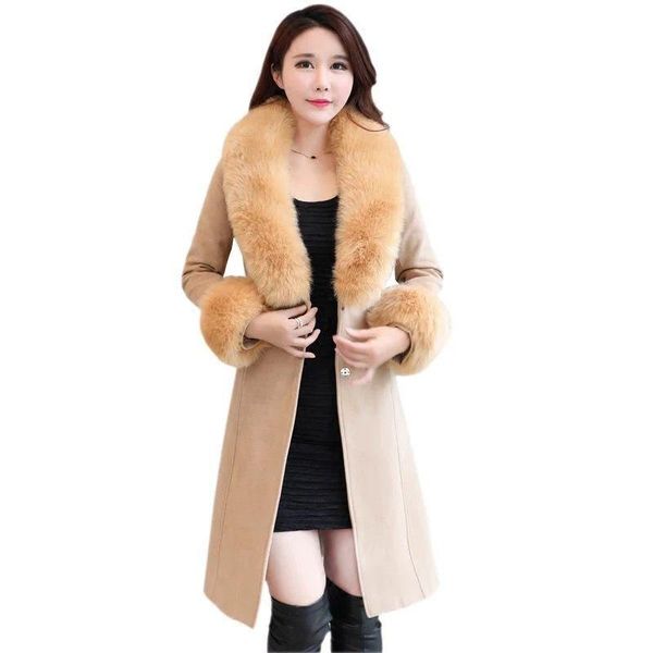 

women's wool & blends 2021 autumn and winter camel coat women woolen outerwear female elegant slim medium-long large fur collar jacket, Black