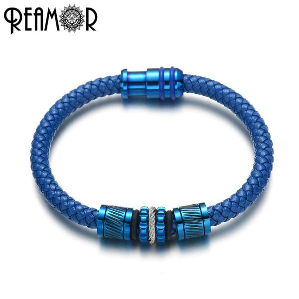 

charm bracelets reamor stainless steel plating blue beads leather genuine braided bracelet diy cuff bangles men women jewelry, Golden;silver