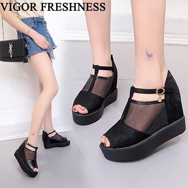 

summer sandals women shoes height increasing woman rome 9.5cm heels platform gladiator wy499, Black