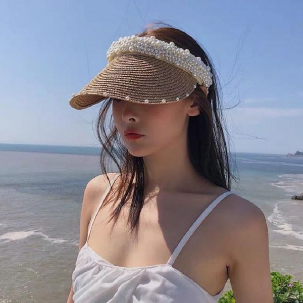 

wide brim hats pearl sun empty straw women casual summer beach visor caps large sunshade outdoor sports gorras, Blue;gray