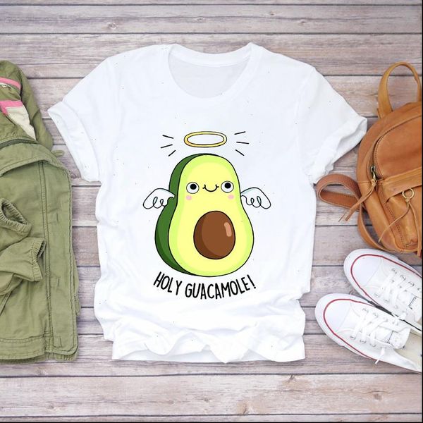 

cartoon avocado angle women short sleeve cute fashion print graphic tee, White