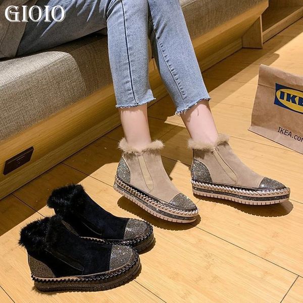 

boots gioio winter high women shoes luxury crystal hand stitching leather female warm real slip-on platform flats, Black