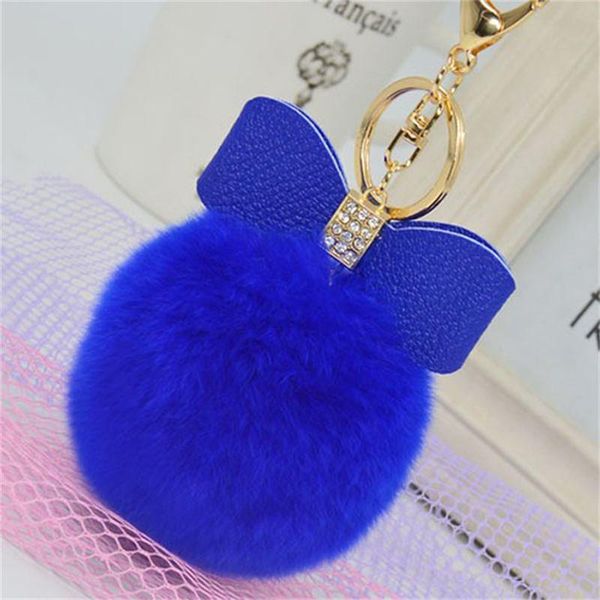 

keychains 7cm fur pom bow keychain keyring women pompom plush key ring rhinestone faux rex ball chain party shop gifts, Silver