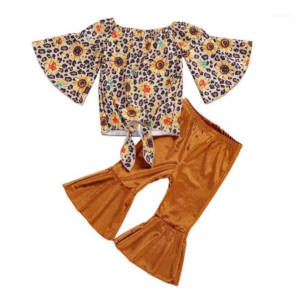 

pcs infant fashion outfits toddler lace-up flare sleeve boat neck sunflower print pullover solid color flared trousers1, White