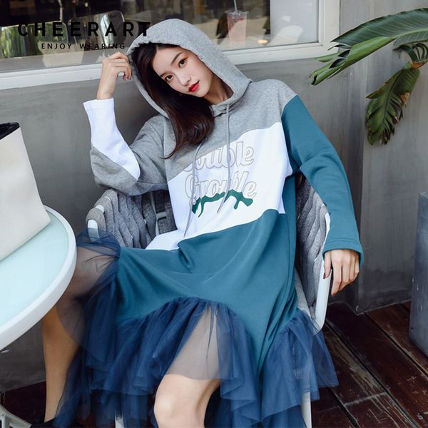 

streetwear hoodie dress women asymmetrical sweatshirt mesh patchwork colorblock long midi autumn 210427, Black;gray