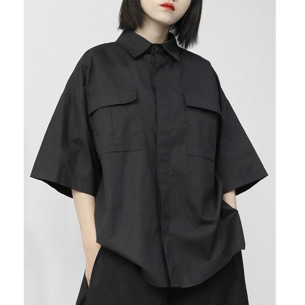 

women's blouses & shirts womengaga 2021 tooling short sleeve shirt loose niche vintage pocket solid turn-down collar girl female casual, White