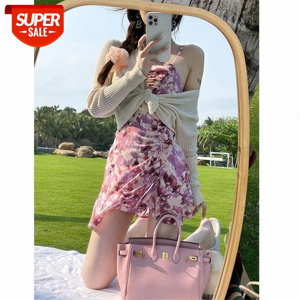 

[korean sling oil painting dress] french drawstring slimming floral dress female tide #rh5u, White;black
