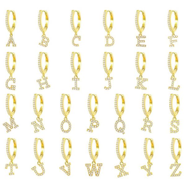 

hoop & huggie 1 pcs european and american fashion 925 sterling silver 26 english alphabet zircon small earrings for women gold, Golden;silver