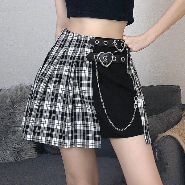 

skirts fashion black white plaid patchwork a-line womens 2021 summer high waist mini skirt female chain woven streetwear