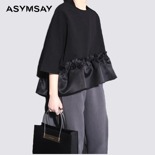 

women's loose big size ruffles stitching blouse asymmetrical hem pleated flounced shirt women one blouses & shirts, White