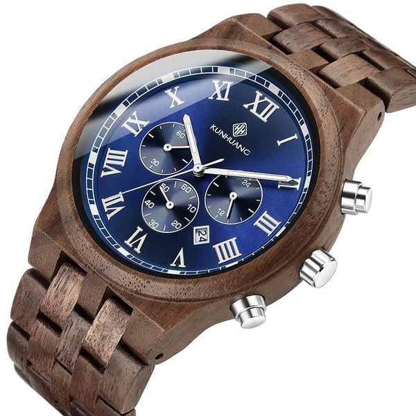 

wristwatches kunhuang fashion casual men's watches wooden band quartz multifunctional for man round watch luminous,calendar, Slivery;brown