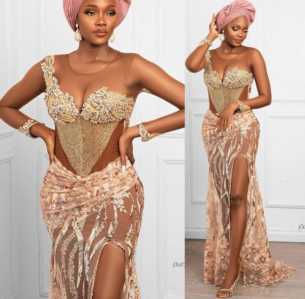 

2021 plus size arabic aso ebi mermaid gold prom dresses crystals beaded sheer neck lace evening formal party second reception gowns zj365, Black
