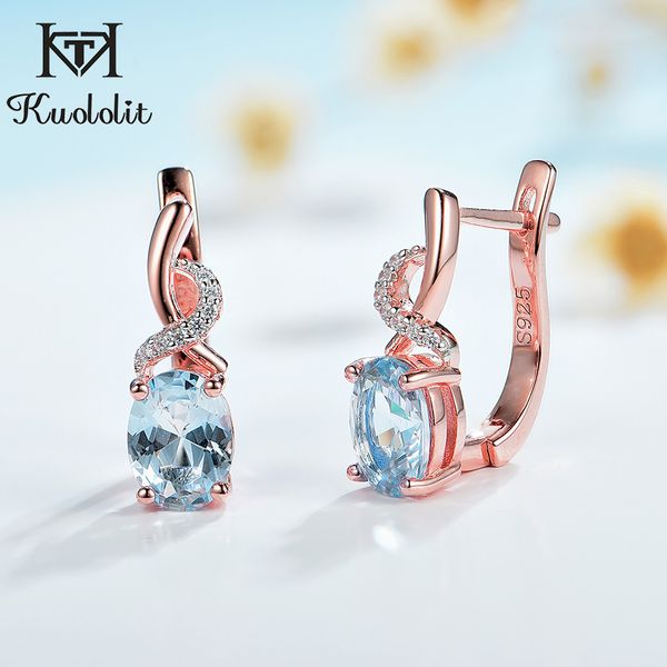 

kuololit 585 rose gold z gemstone luxury clip earrings for women genuine 925 sterling silver emerald london blue morganite, Golden;silver