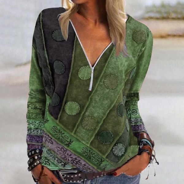 

women's t-shirt spring and summer fashion vintage printed zipper v-neck long sleeve casual plus size soft 2021, White