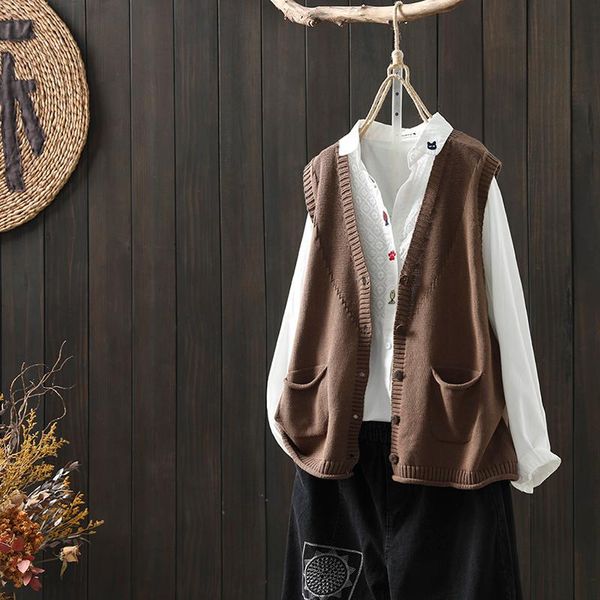 

women's vests 2021 spring retro literary cotton knit vest cardigan women loose v-neck sleeveless waistcoat, Black;white