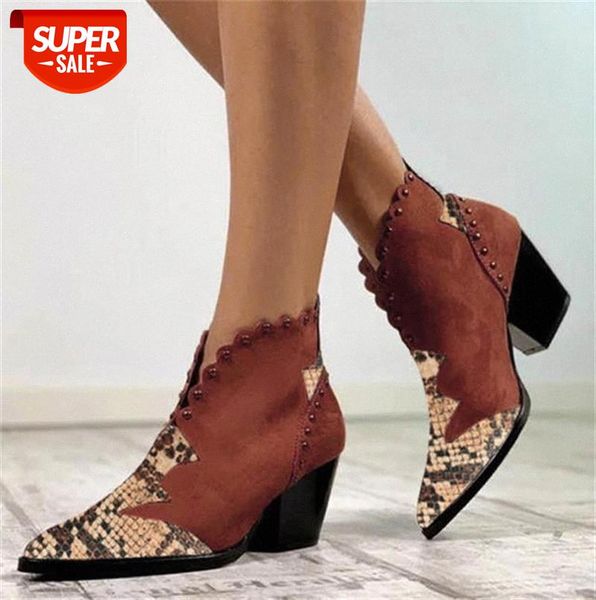 

european and beautiful women's shoes plus size short boots, pointed thick heel snake print leather fashion boots women #qz6a, Black