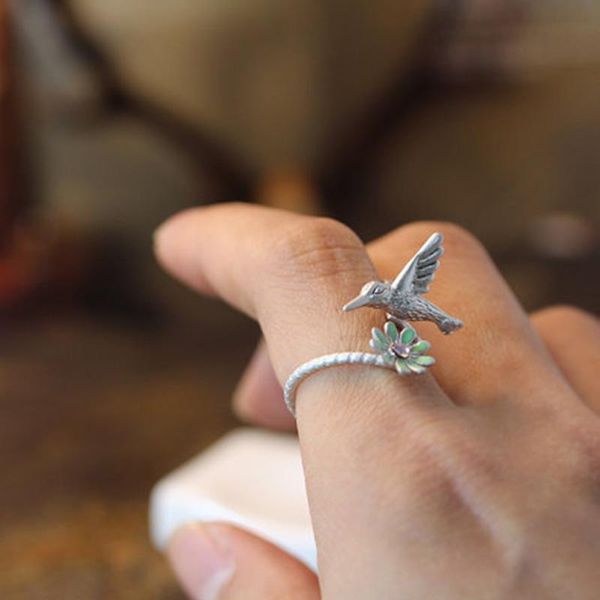 Anelli a grappolo Unico retro anello fiore colibrì oro e argento antico colore moda promuovi trochilus spedizione gratuita