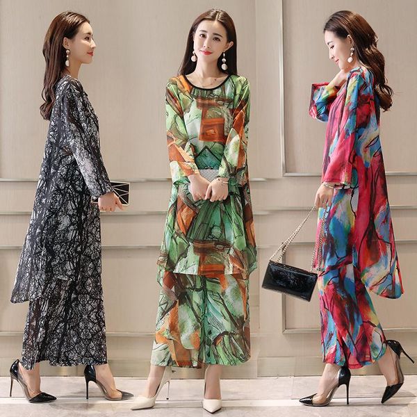 

two piece dress autumn summer retro literary printing nine quarter sleeve shirt + ankle-length pants large size casual women's suit, White