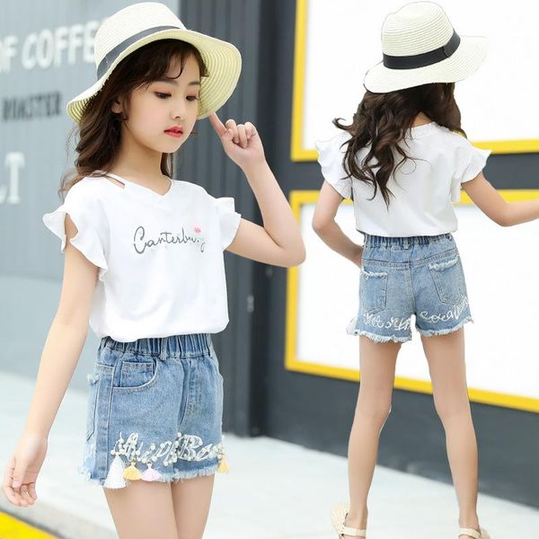 

clothing sets girls' suit two-piece short-sleeved blouse+denim shorts baby girl clothes toddler fall 2021, White